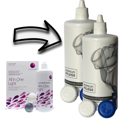 Aus All In One Light 2x360ml wird Premium Pflege Kombilösung mit Hyaluron 2x360ml