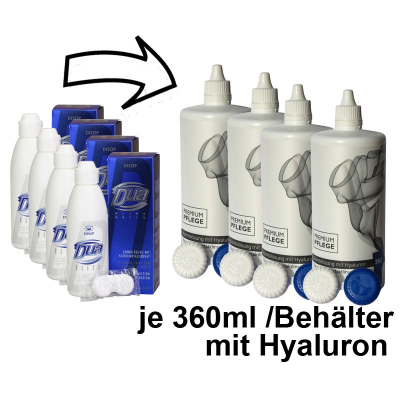 Aus Dua Elite von Disop 4x360ml wird Premium Pflege Kombilösung mit Hyaluron 4x360ml