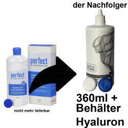 Aus Perfect Aqua Plus Kombilösung (MPG+E) 360ml wird Premium Pflege Kombilösung mit Hyaluron 360ml / 1 Behälter